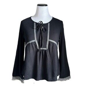 YA Los Angeles Boho Peasant Tassel Hem Trim Long Sleeve Cotton blend Top Size M